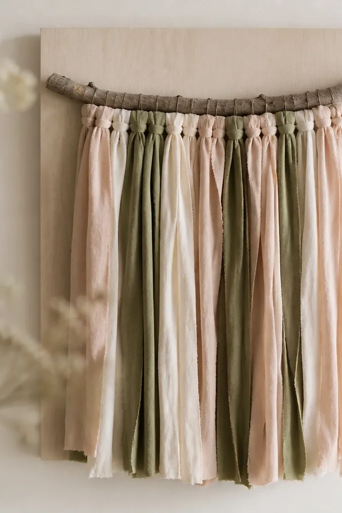 A small wall hanging made from a natural twig mounted to a board, with long strips of fabric in blush, olive, and cream tied in even rows.
