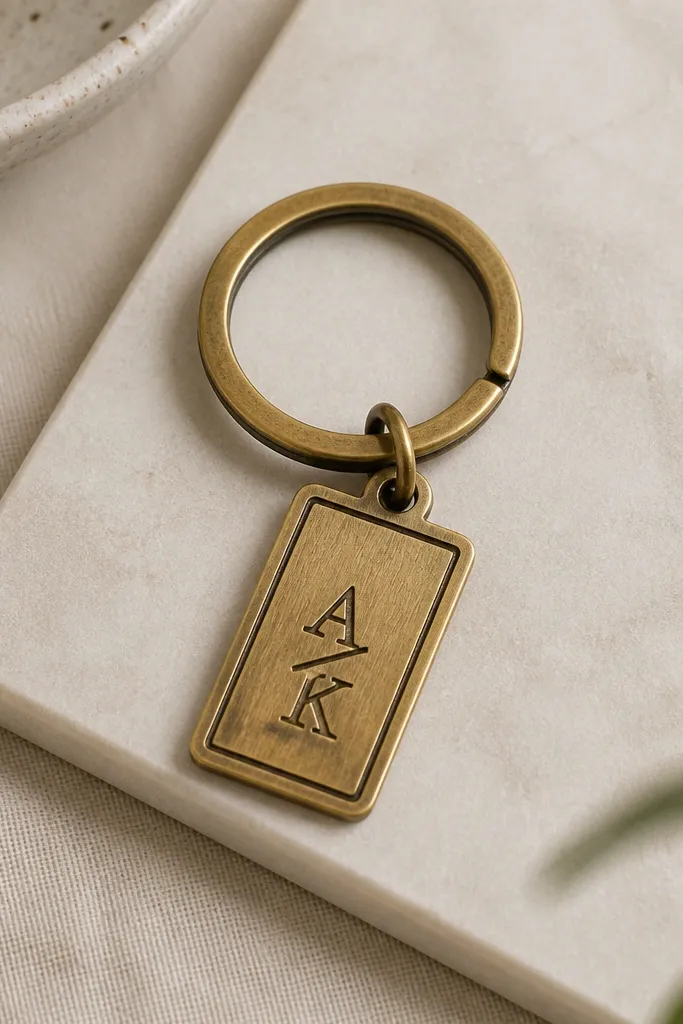 A brass-colored keyring with a small stamped rectangle showing initials, painted with a dark patina wash in engraved lines.