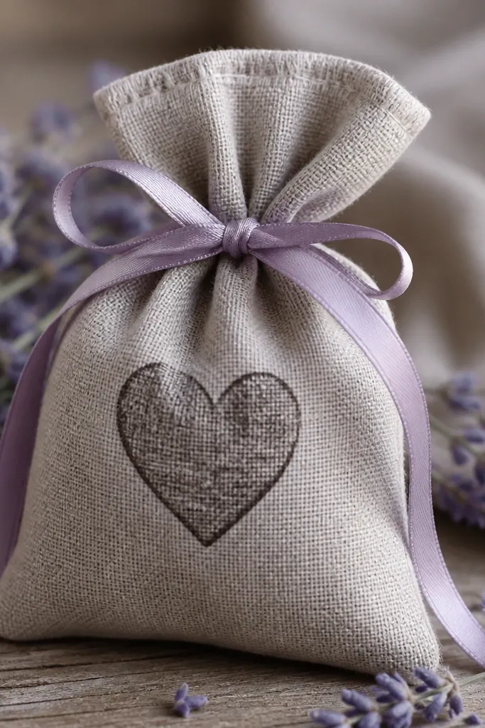 A small linen sachet with a stitched opening sealed closed, stamped heart in dark ink, filled with dried lavender, tied with a narrow ribbon.