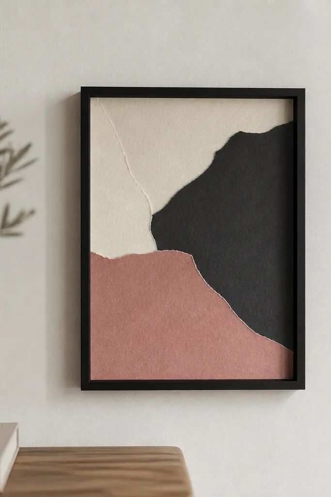 A small framed wall piece with layered paper shapes, torn edges visible, in cream, charcoal, and dusty rose, with a simple black frame.