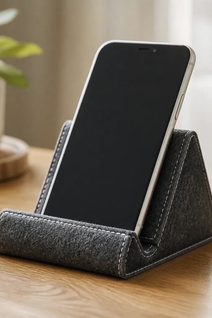 A felt phone stand shaped like a wedge, with a stitched border in white thread, displayed with a smartphone propped up.
