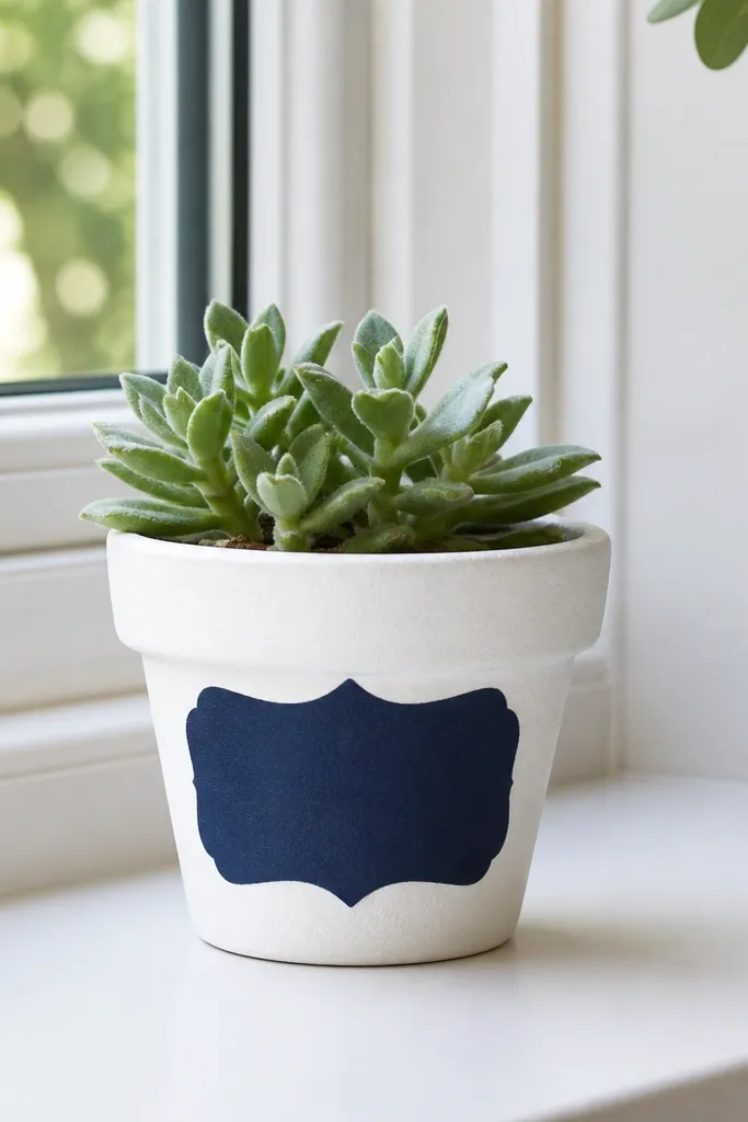 A small terracotta pot painted in white with a navy name tag, sitting with a tiny plant or faux succulent, photographed on a windowsill.