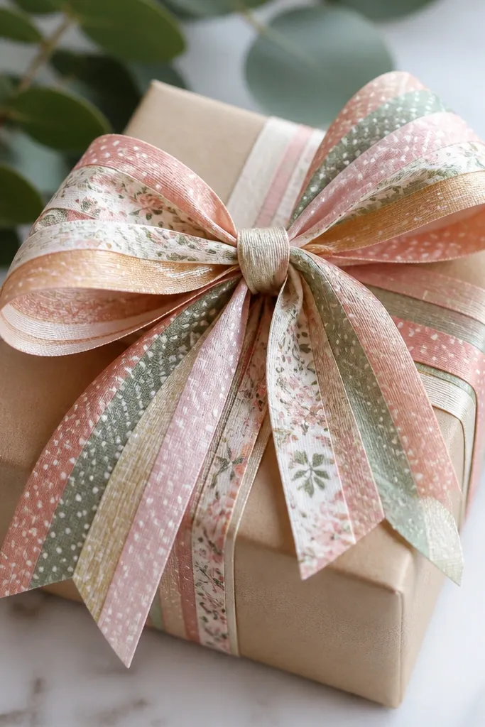 A handmade bow made from layered washi tape strips tied around a small wrapped gift, with a clean center knot and neat loops.