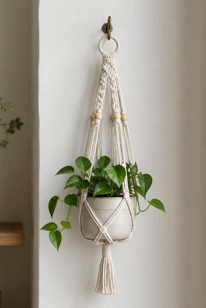 A small macrame-style hanger made from cotton cord, with a tidy knot pattern and a tiny planter hanging from a simple hook.
