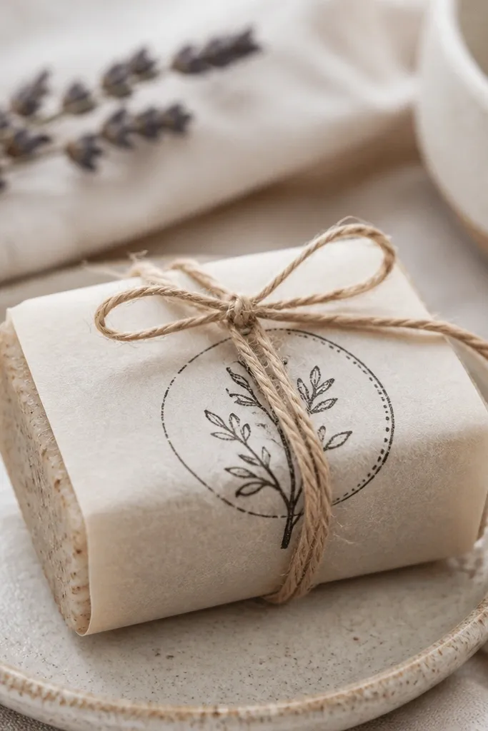 A small handmade soap or scrub bar wrapped in parchment paper with a stamped label in black ink and twine tied around it.