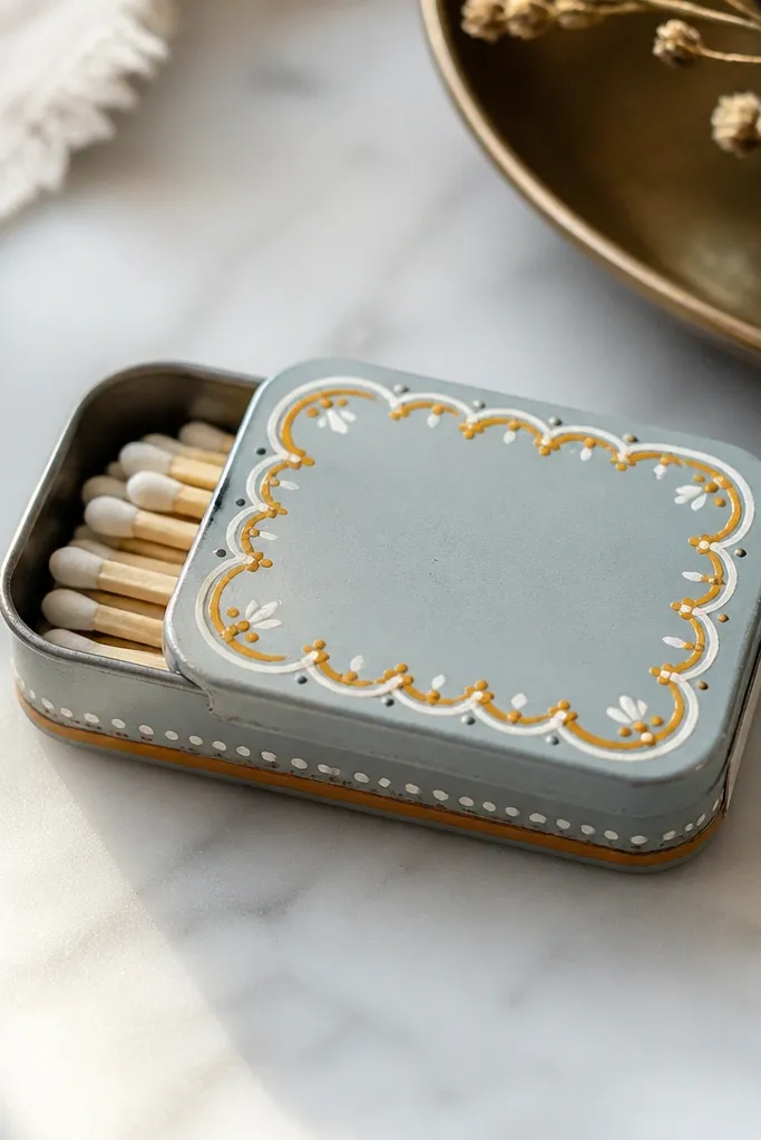 A small painted metal tin holding matches, with a hand-painted border in mustard and white and tiny dot details.