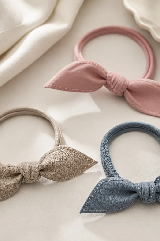 A set of three fabric ribbon hair ties in different colors, each with a small stitched loop and a neat bow-like knot.