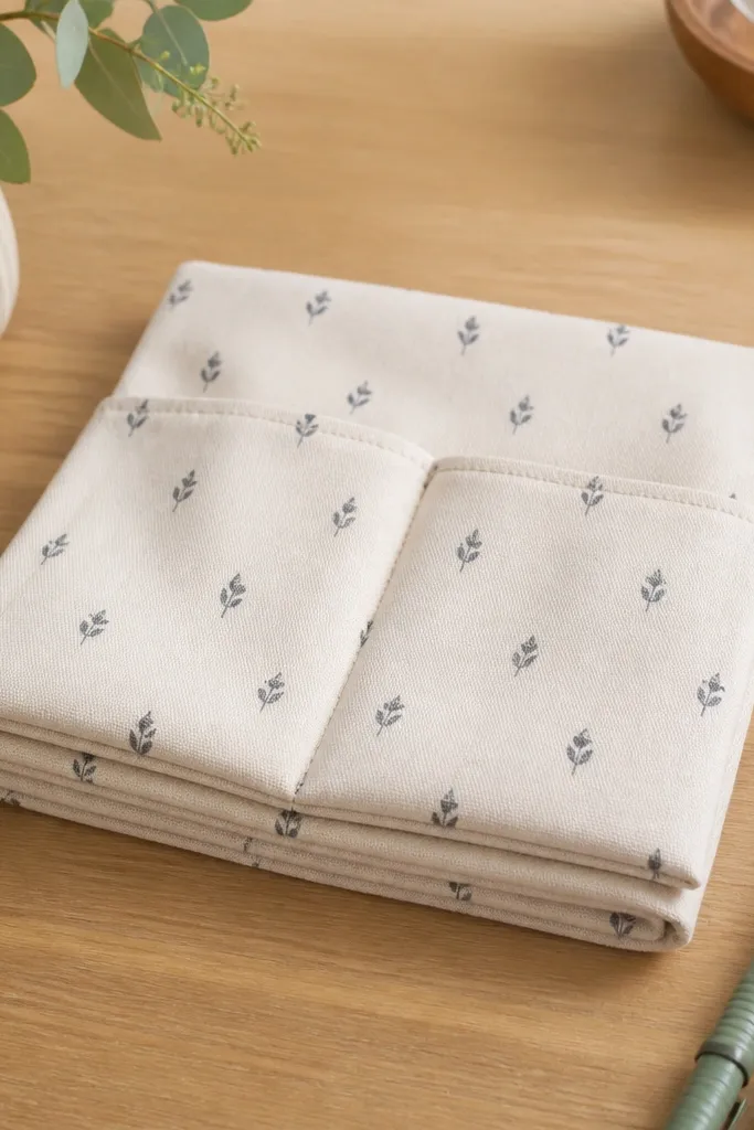 A tote bag insert made from fabric with two pockets, stamped with a small pattern, folded neatly on a table next to pens.