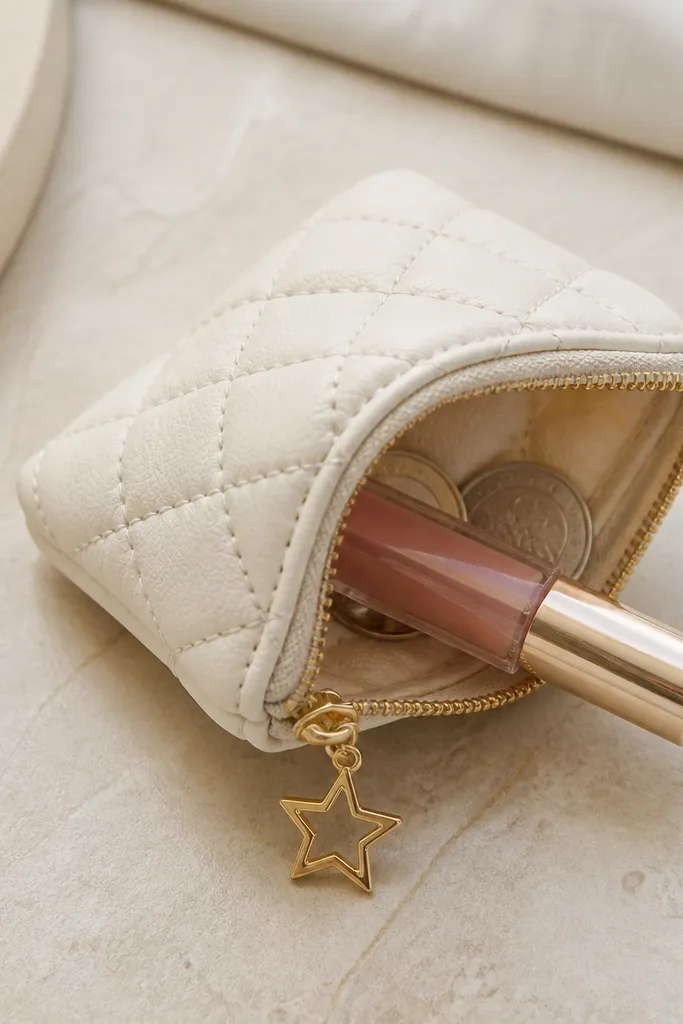 A tiny zip pouch with a zipper pull charm shaped like a star, filled with a small lip gloss and coins.