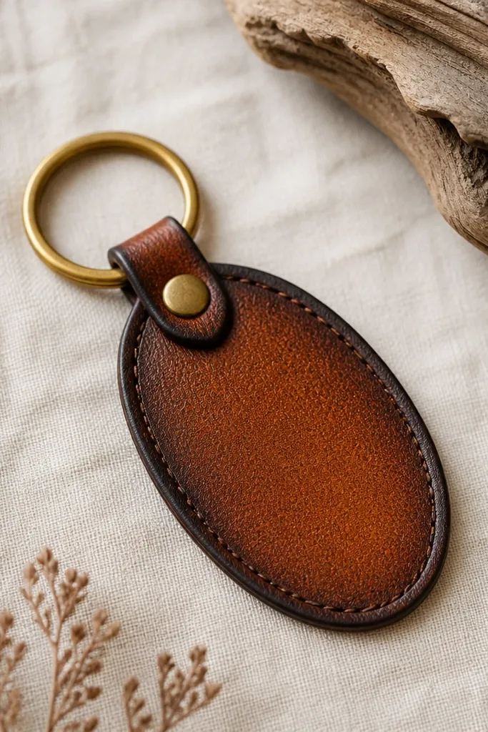 A faux leather keychain tag shaped like an oval, with hand-inked edges in deep brown and a brass snap ring.