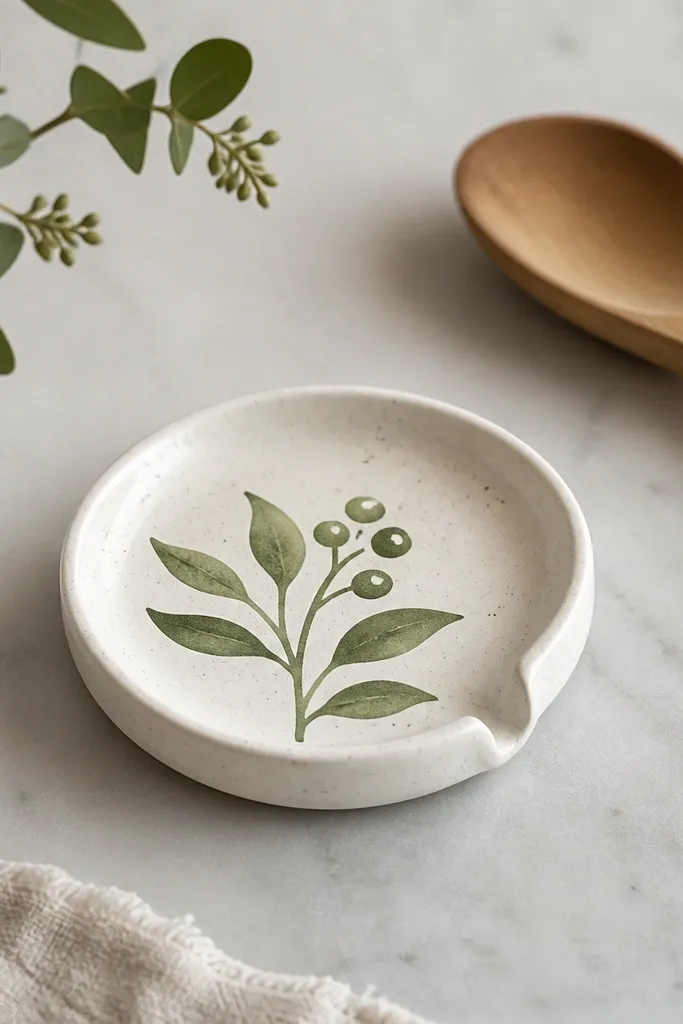 A small wooden spoon rest painted white with a green botanical stencil, with a subtle speckle finish and a small handle notch.
