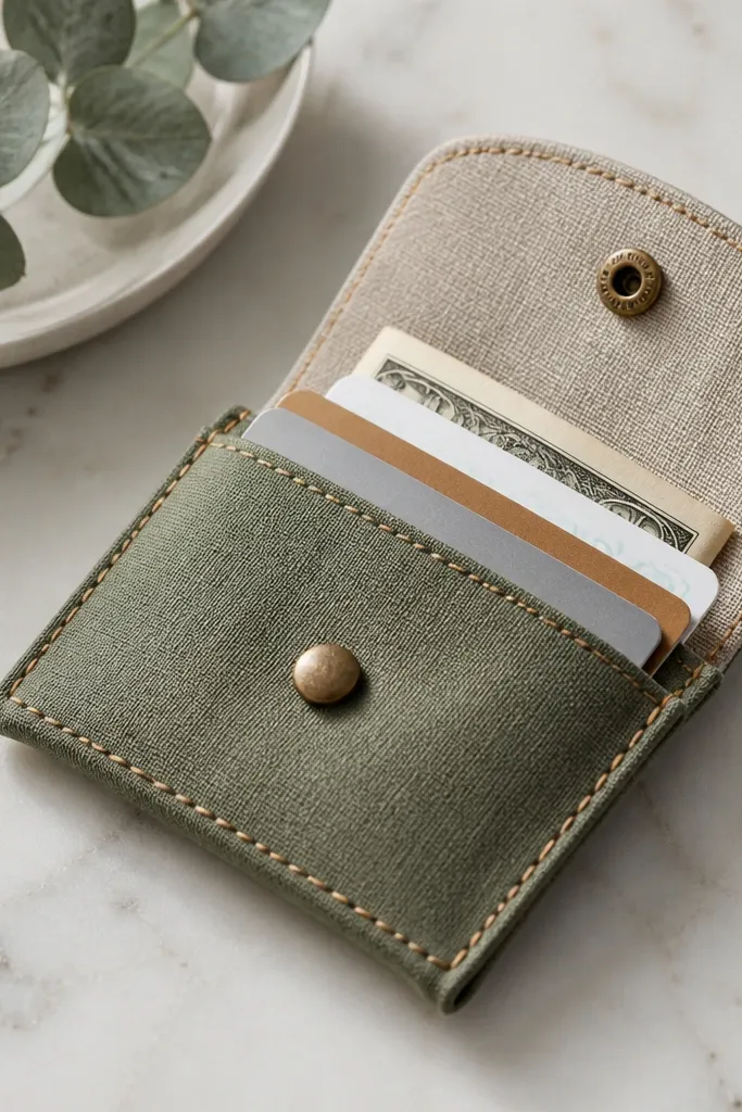 A small fabric mini wallet with a snap button, stitched along the edges in contrasting thread, shown holding a few cards and a folded bill.