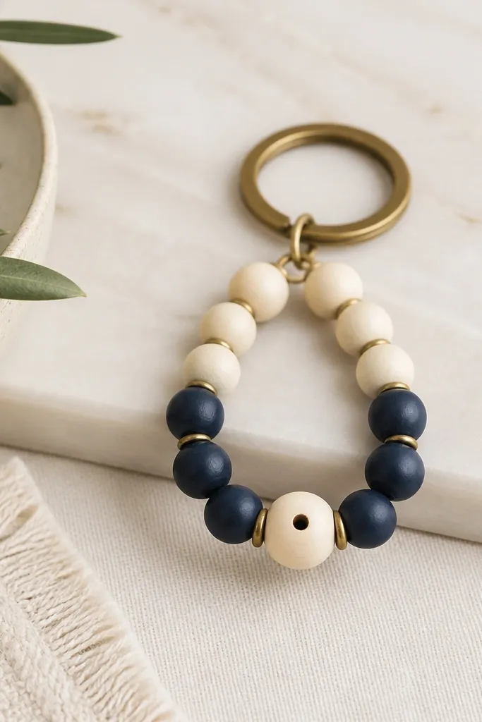 A keychain with wooden beads painted in cream and navy, with a small monogram letter bead at the center, on a brass keyring.