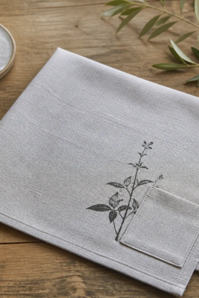 A small tea towel in light gray with a stitched hem, a stamped botanical design near the corner, and a tiny pocket sewn on for a tea bag or note.