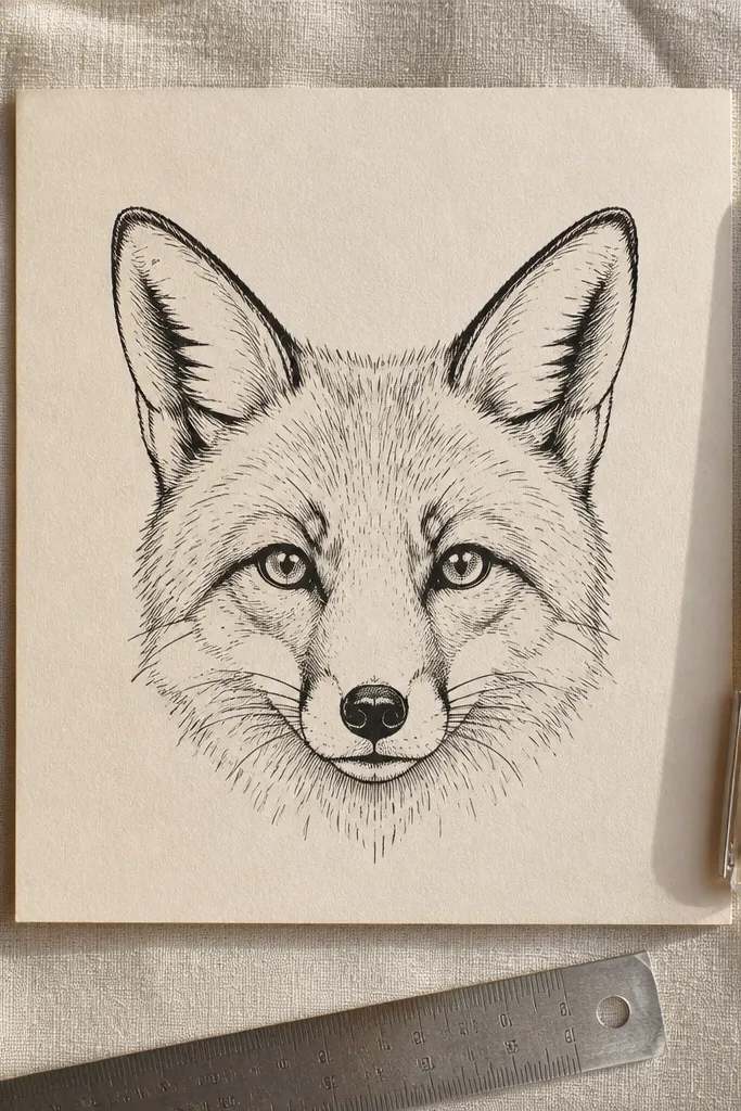 Small fox face with triangle ears and a rounded muzzle, drawn in one dark ink color