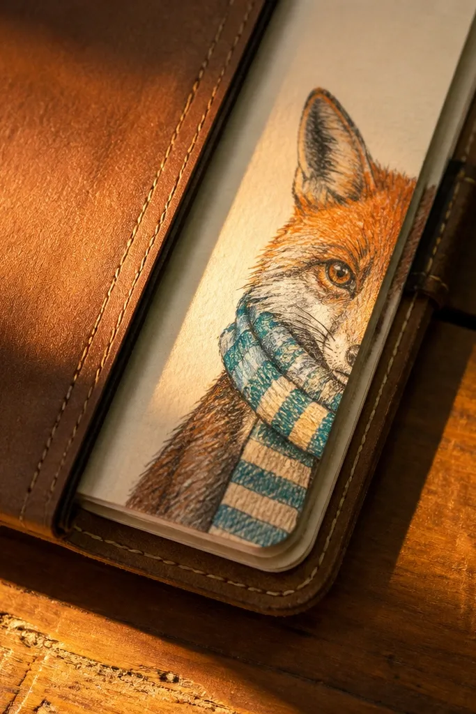 Fox head peeking from the top corner with a striped scarf wrapping the neck