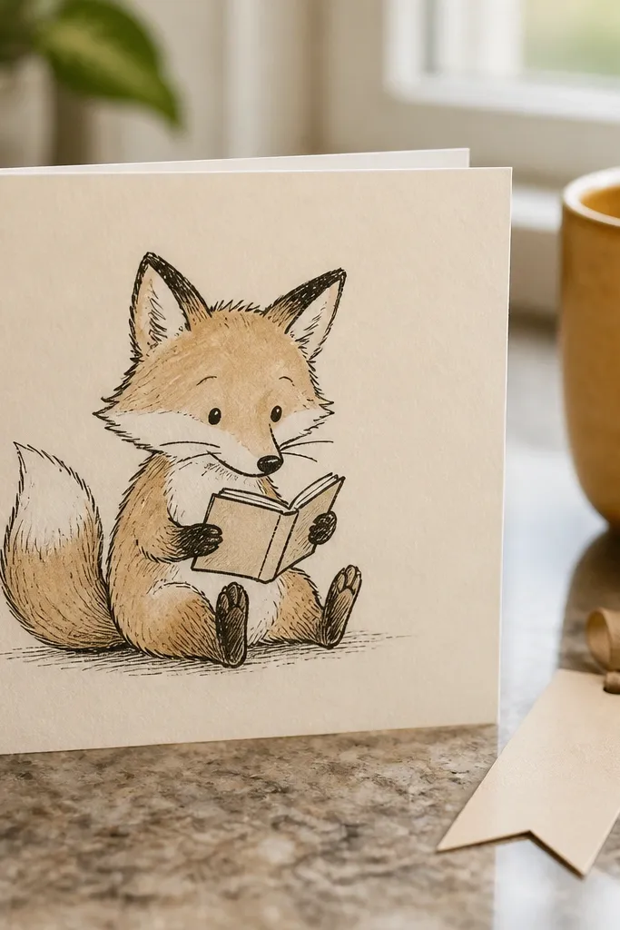 Fox sitting with a small open book, eyes looking down, curled tail behind