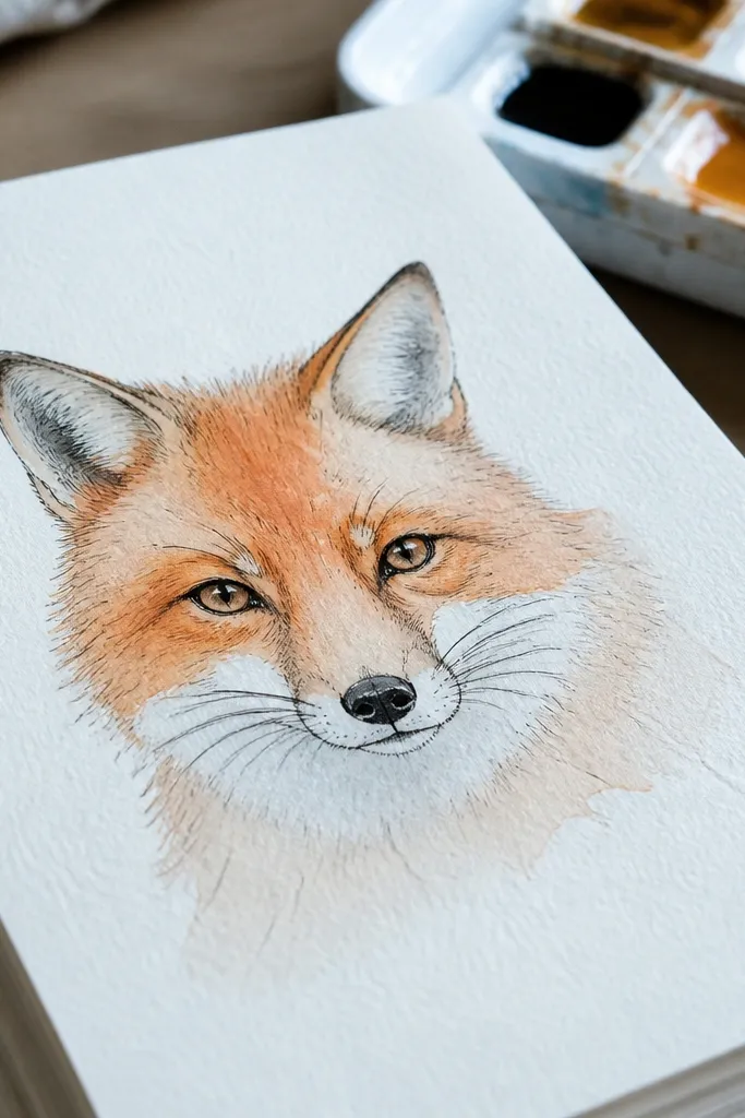 Fox head painted with soft watercolor washes and outlined with dark fineliner