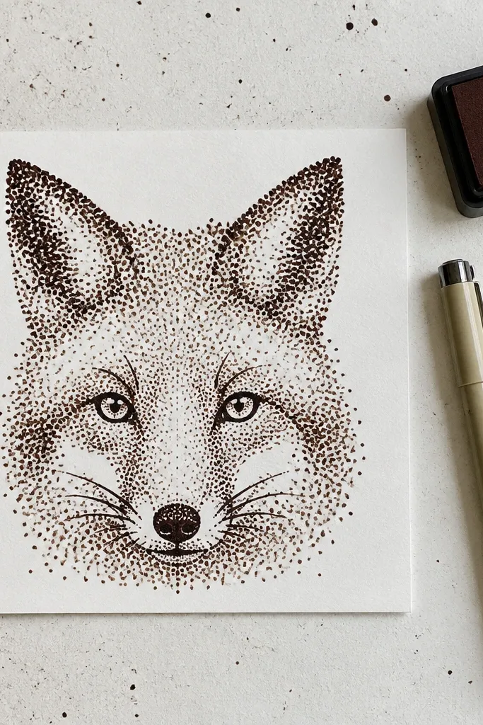 Fox face made from clustered dots, with triangle ears and a small nose