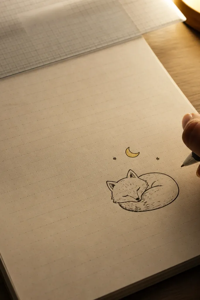 Sleeping fox curled up with a small moon and a few stars above