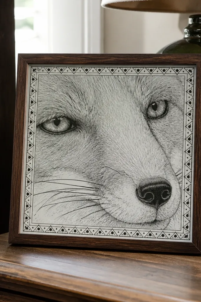Close fox nose and cheeks with a patterned border in alternating shapes
