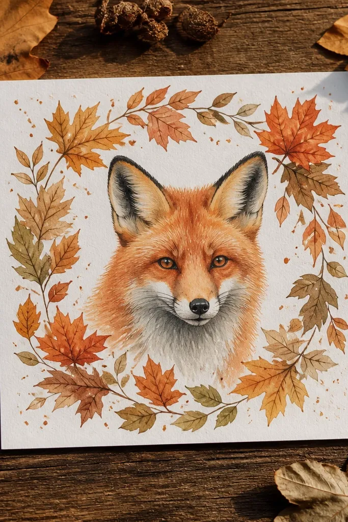 Fox head centered inside a frame of falling leaf shapes
