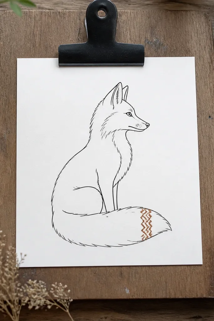 Side-profile fox facing right with a tail tip stripe and simple line shading