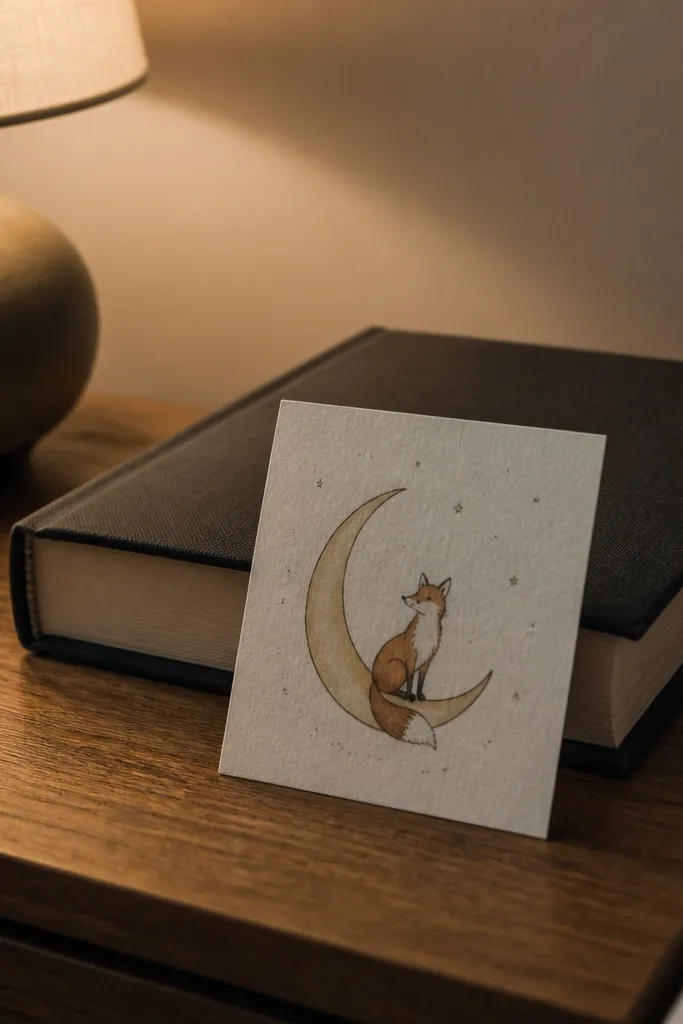 Fox sitting on a crescent moon, small paws visible, night sky dots in the background