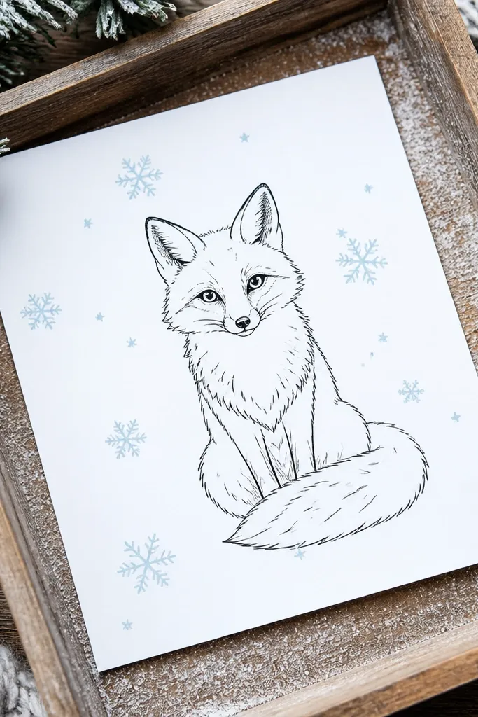 Fox face with snowflakes around it, white space preserved for a crisp look