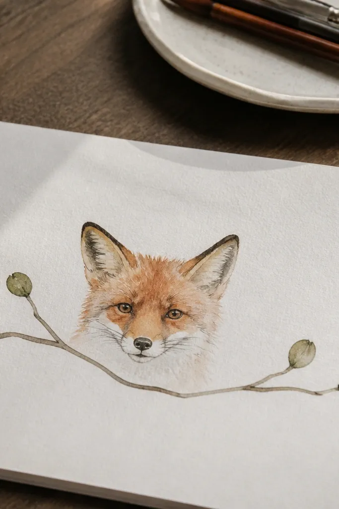 Fox face perched on a thin branch with a few small buds