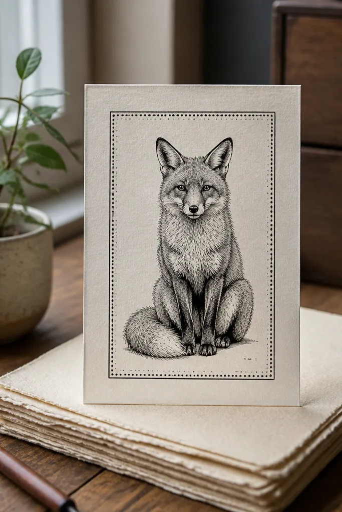 Fox head inside a thin rectangle frame with small dot marks around it