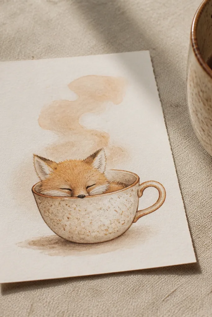 Small fox peeks from a teacup with looping steam lines above