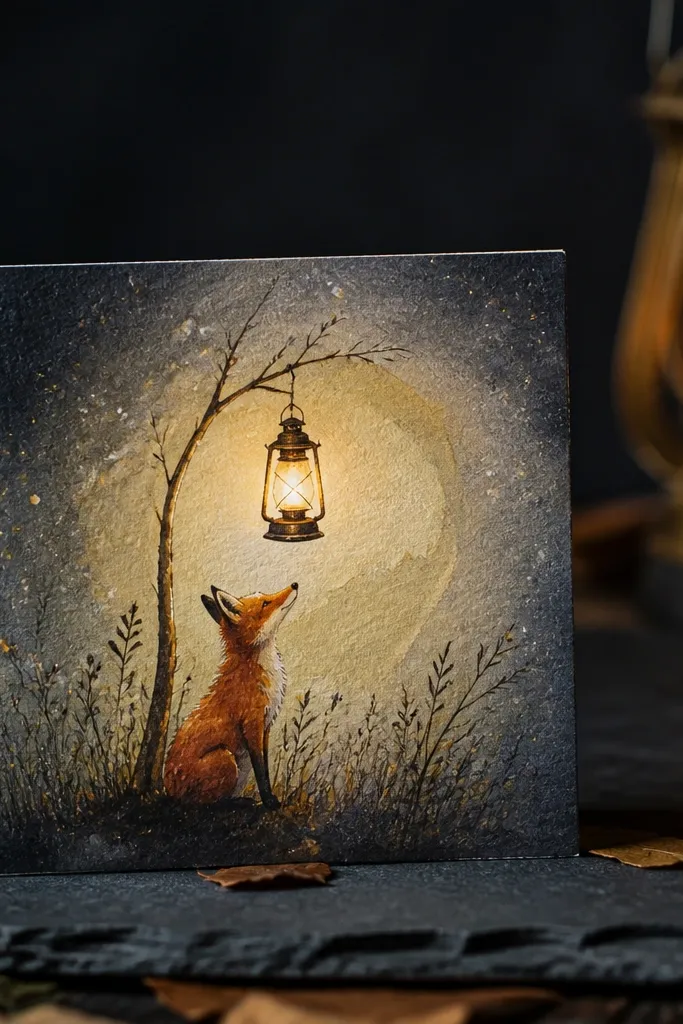 Fox sits under a hanging lantern with soft glow rays around it