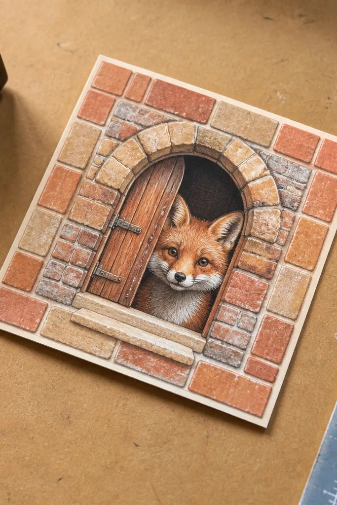 Fox peeks from a tiny castle door with a brick-pattern border