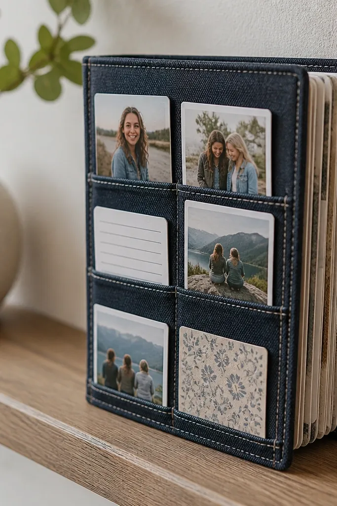 Folded denim cover with stitched pockets holding small photos and tags