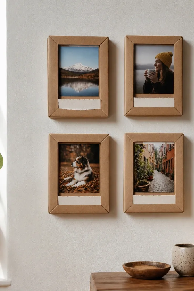 A small wall grid of four cardboard frames with photos and handwritten captions