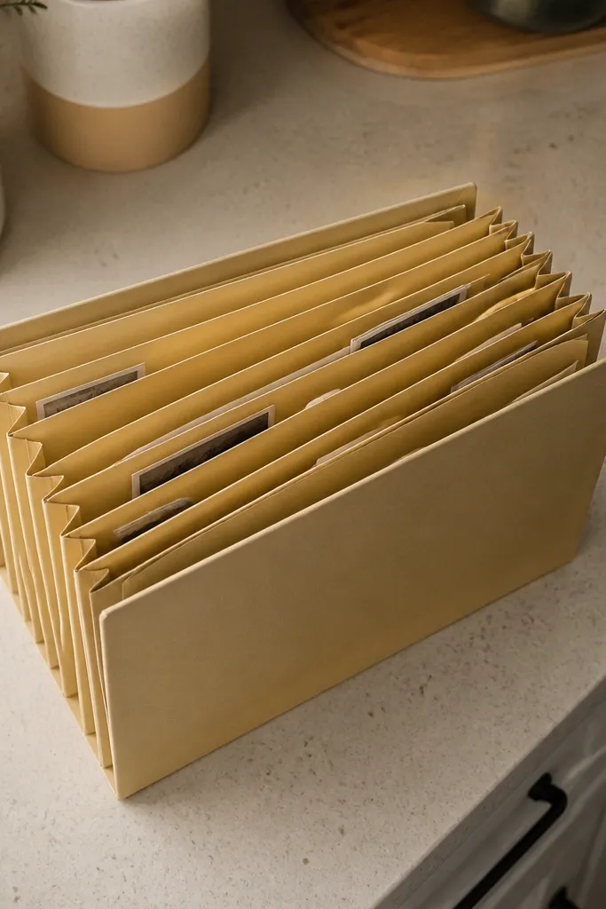 An accordion-fold file folder with small panels and date tabs