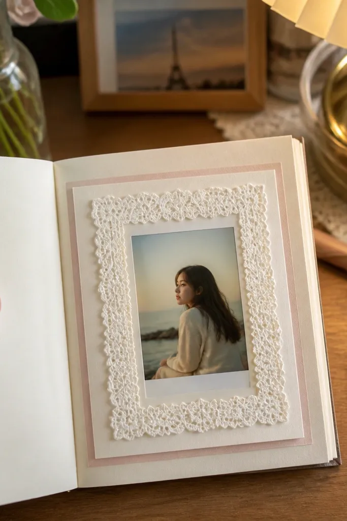 Small book cover with lace trim and a window showing a polaroid-style