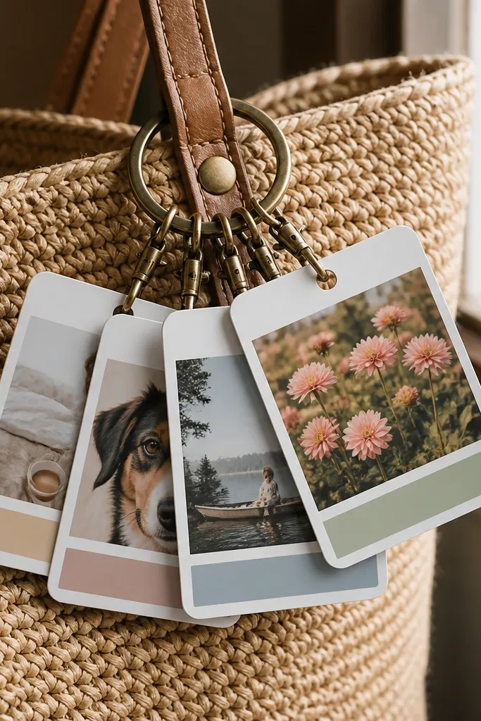A keychain ring holding mini scrapbook cards with photos and tiny captions