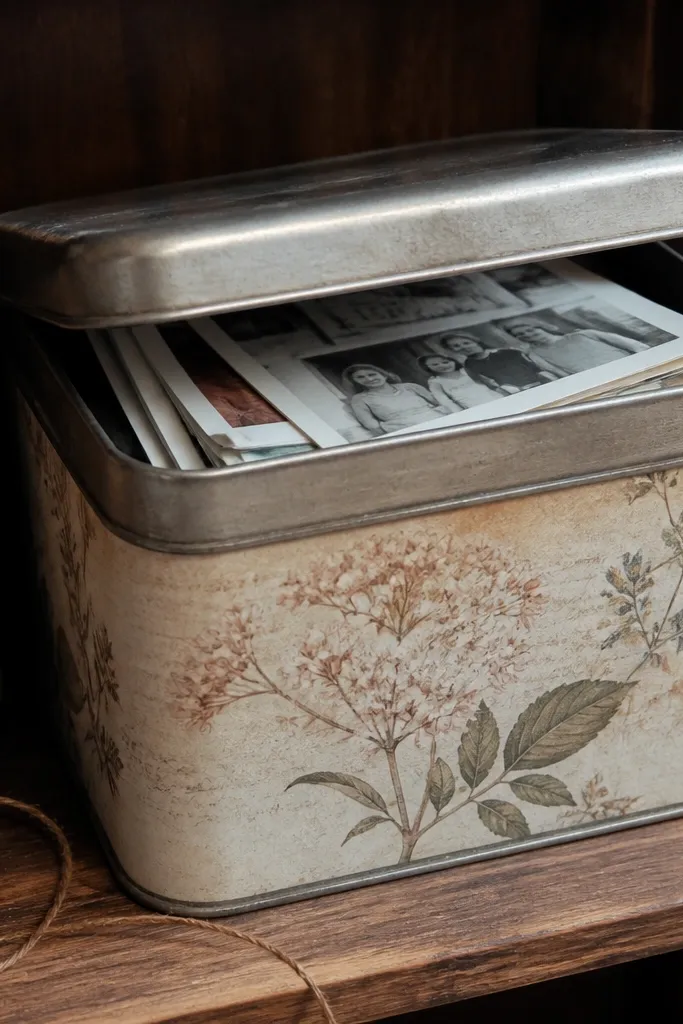 A decorated metal tea tin with layered slips and a ribbon pull tab