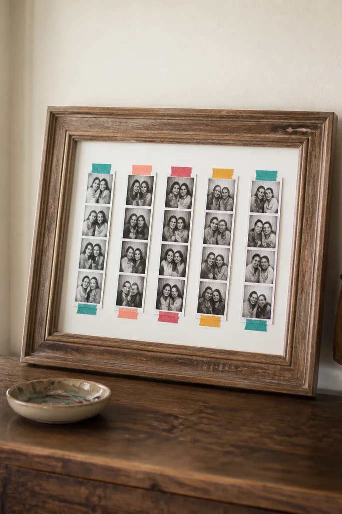 A small frame holding a washi-tape strip with handwritten notes