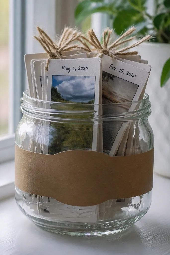 A small mason jar filled with folded tag cards and a ribbon label