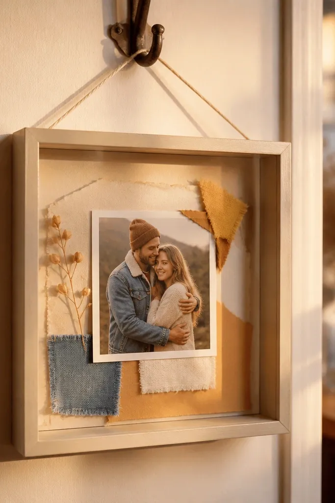 A small shadowbox with layered photos, fabric scraps, and a handwritten strip