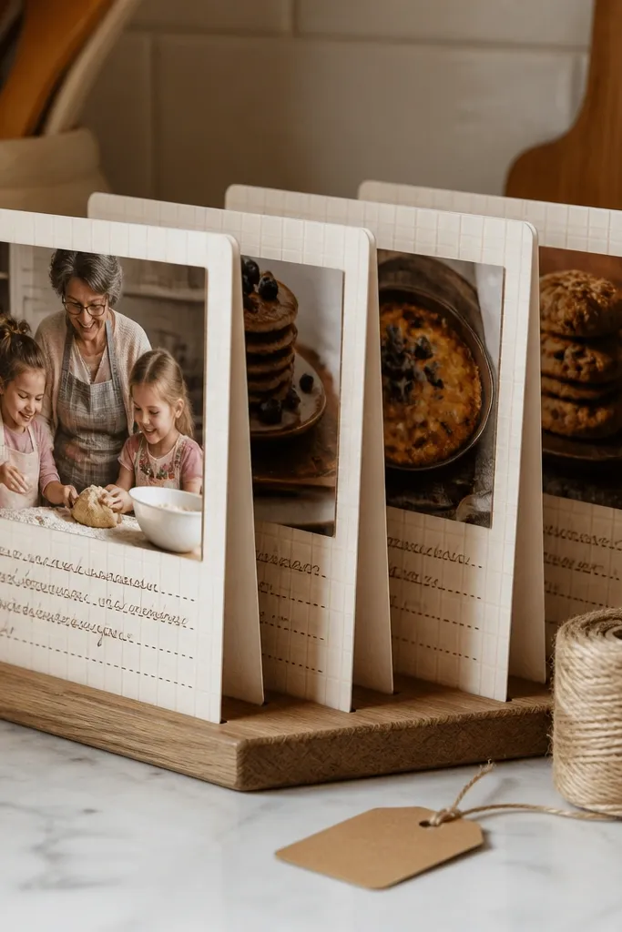 A set of recipe cards with photos, small drawings, and date lines in a holder