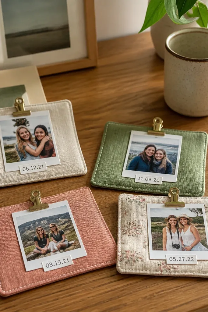 Fabric coasters with small tags clipped on top and stitched edges