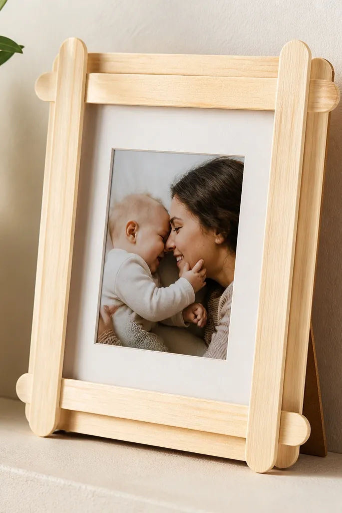 A small mini frame made of popsicle sticks holding a 3x4 with a ribbon hanger
