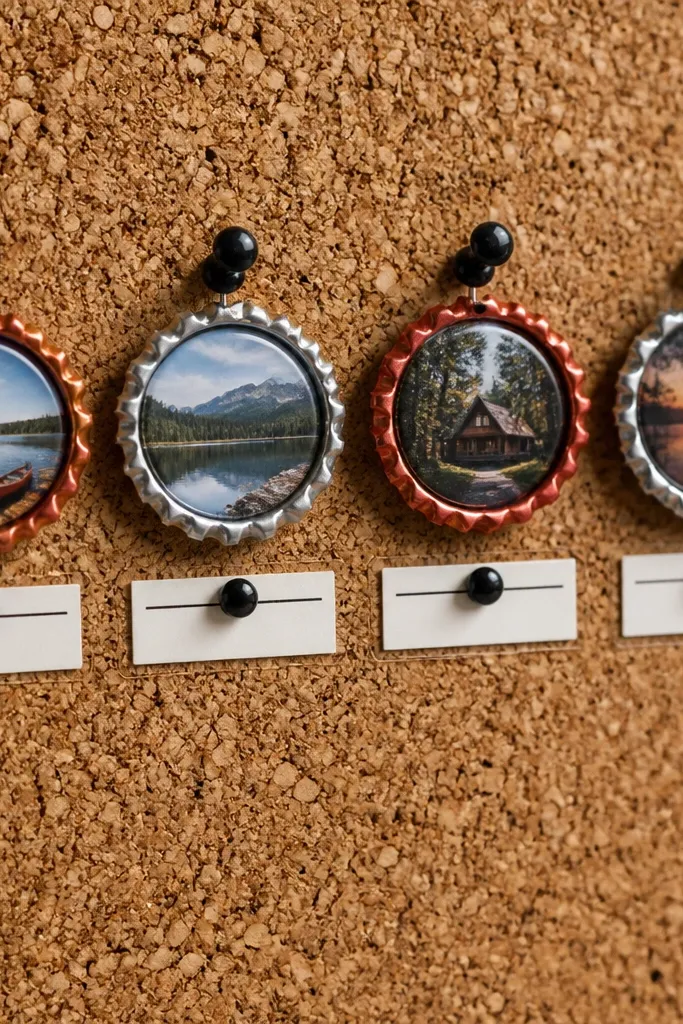 A collage of bottle caps with tiny photos and paper labels