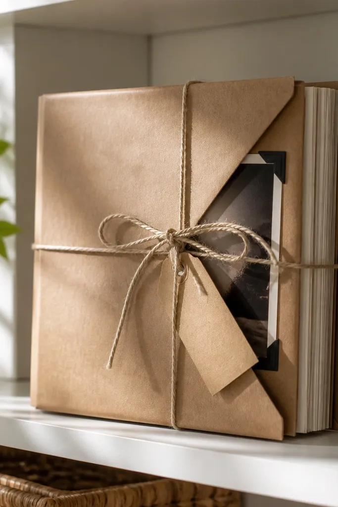 A small kraft paper wrapped mini album tied with twine and showing corners
