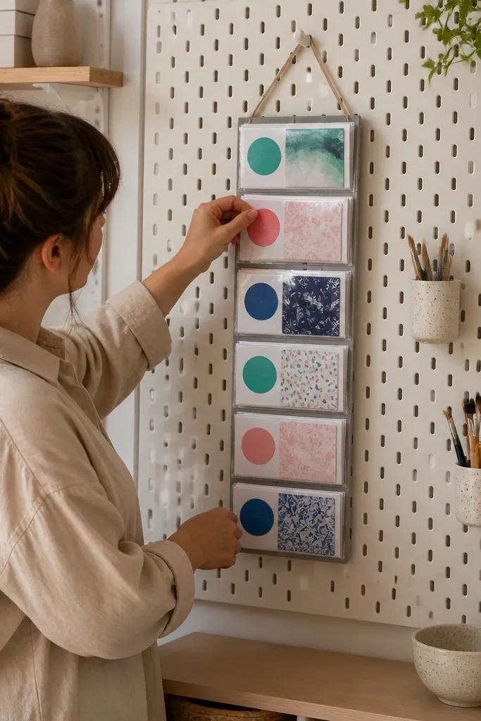 A tiny pegboard with labeled pockets made from paper and stickers