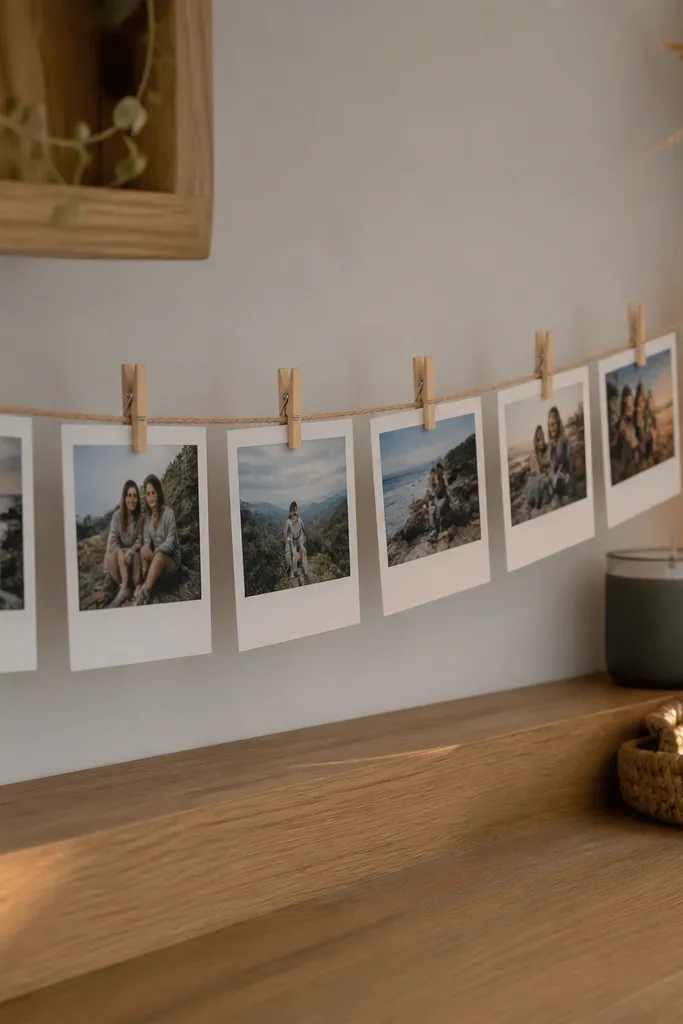 A string garland with small strips and mini captions clipped along it